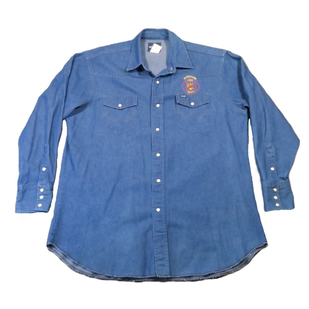 Wrangler Denim Shirt Mens 17.5 Pearl Snaps Raw Hem Fire‎ Dept Western Cowboy